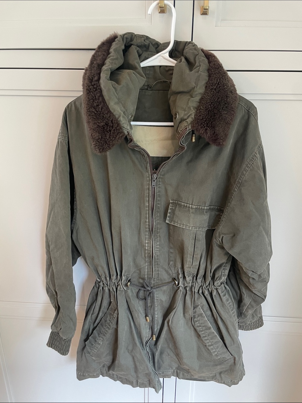 Timberland Olive Hooded Utility Parka with Brown Faux Fur Trim
